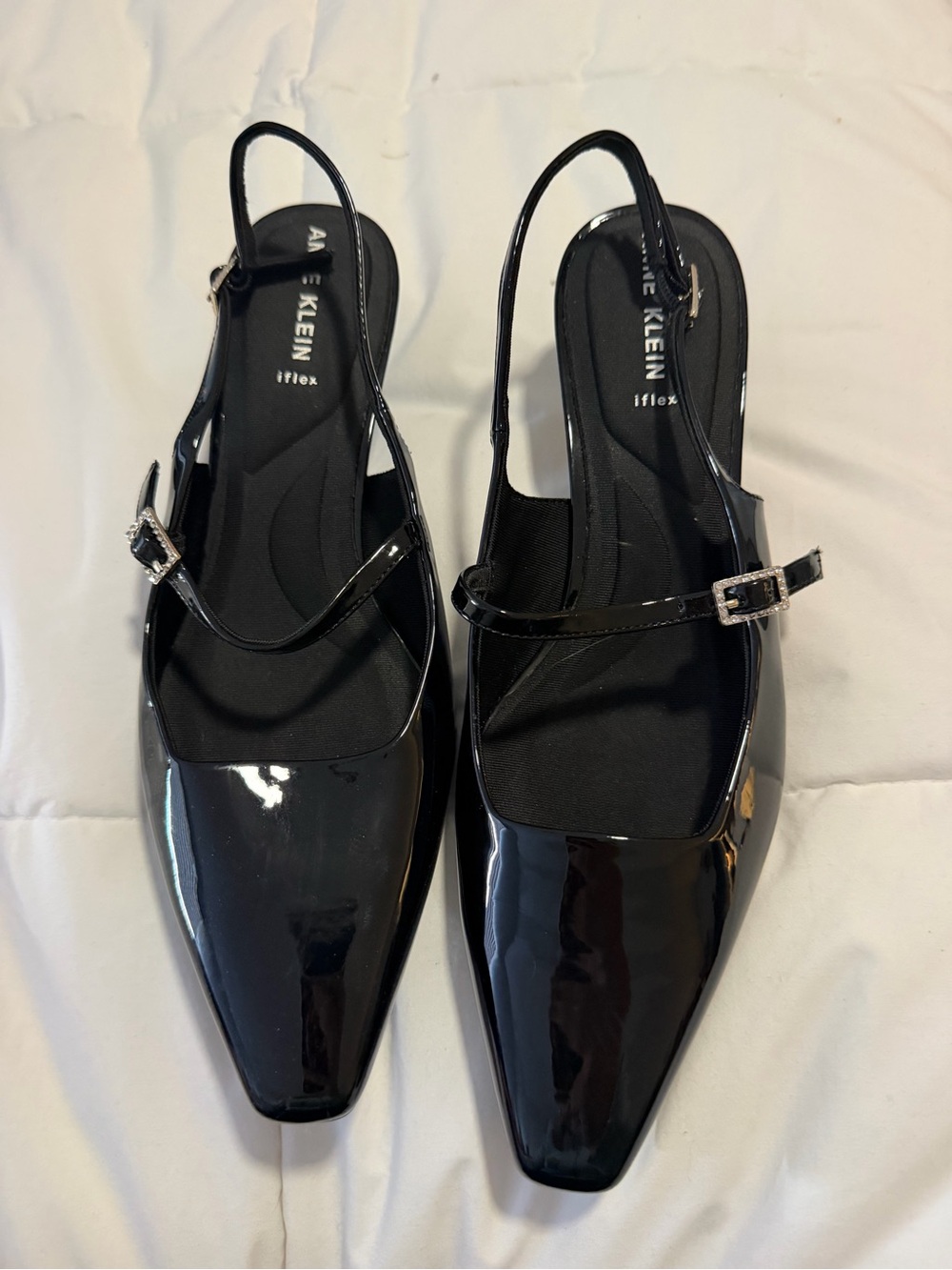 Anne Klein Black Patent Square-Toe Slingback kitten heel with Buckle